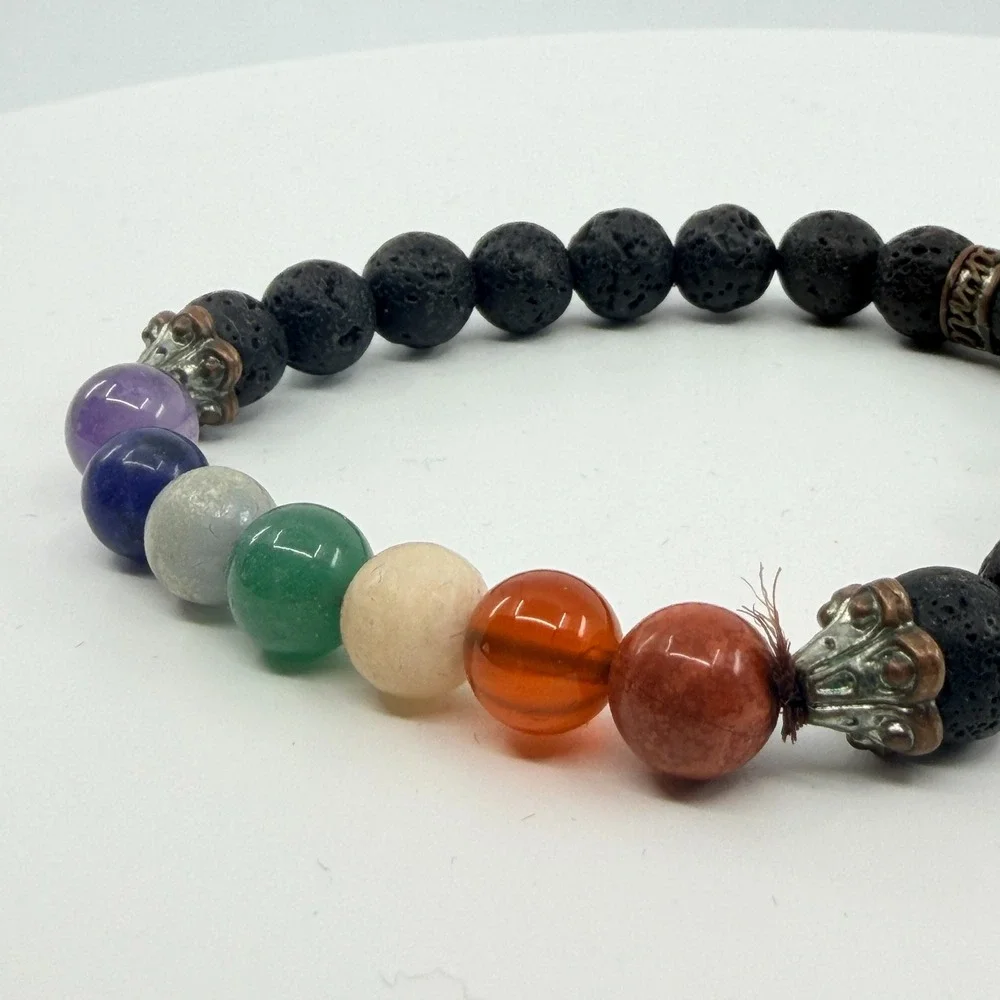 Vintage Bohemian 7 Chakra Lava Rock Stretch Beaded Healing Bracelet 90s